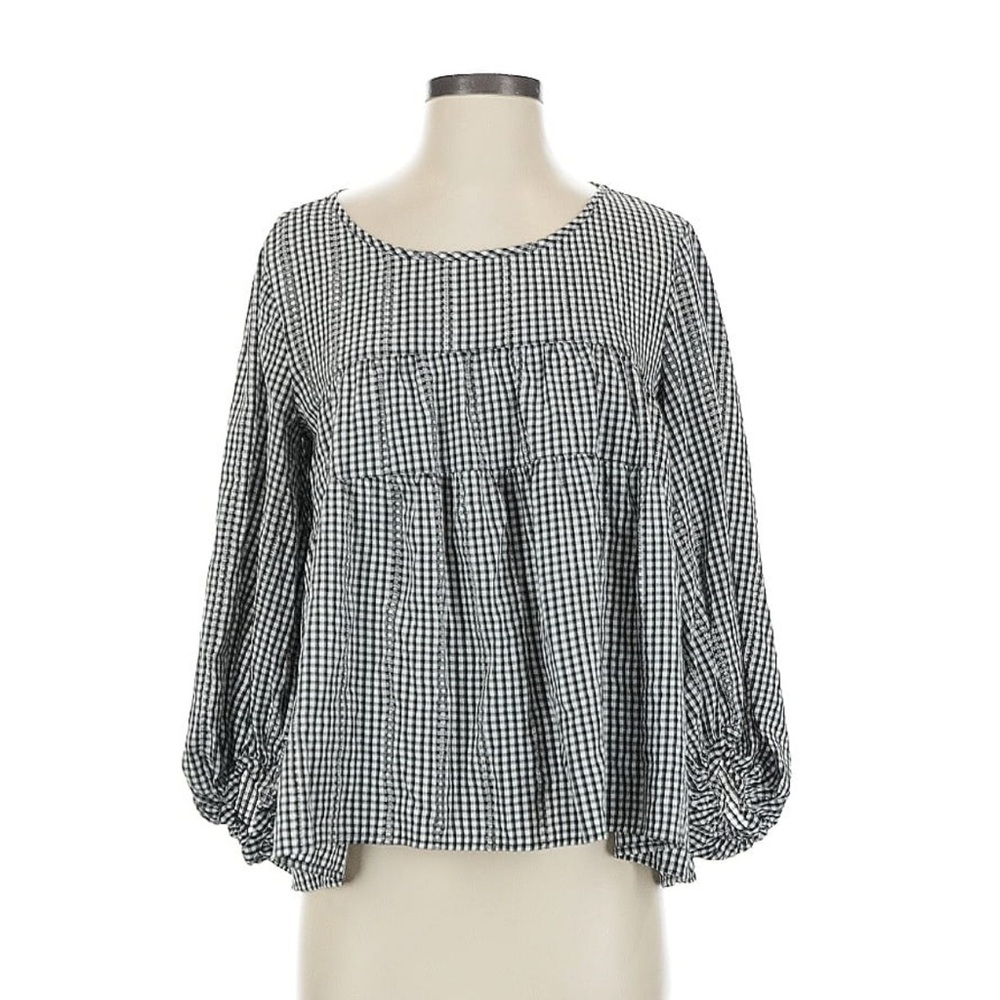 Max Studio black and white gingham baby doll blouse size M